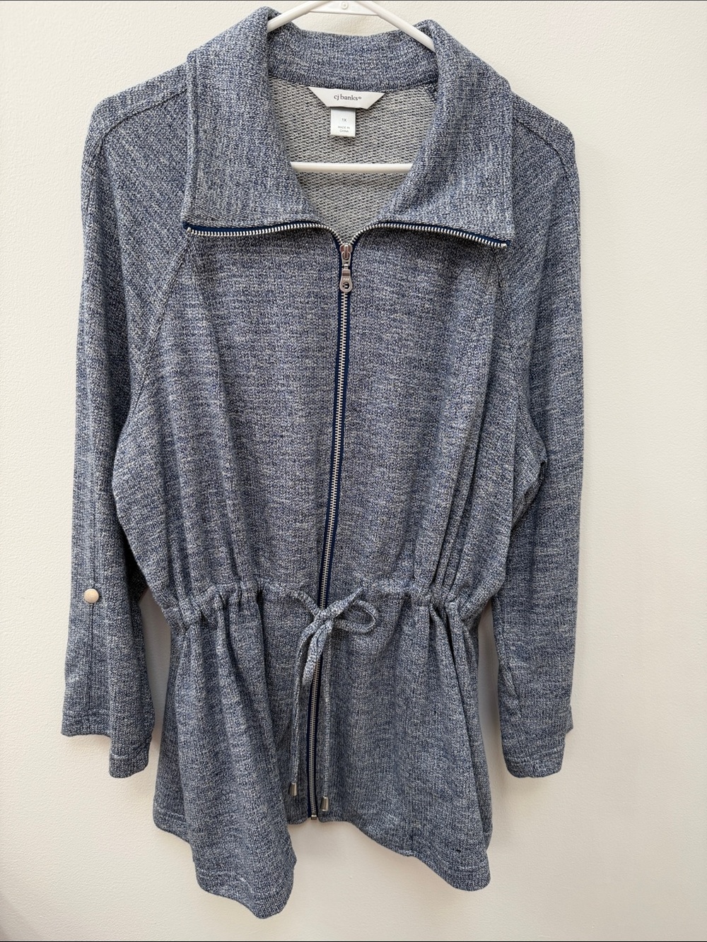 CJ Banks Blue Heathered Zip-Front Drawstring Jacket